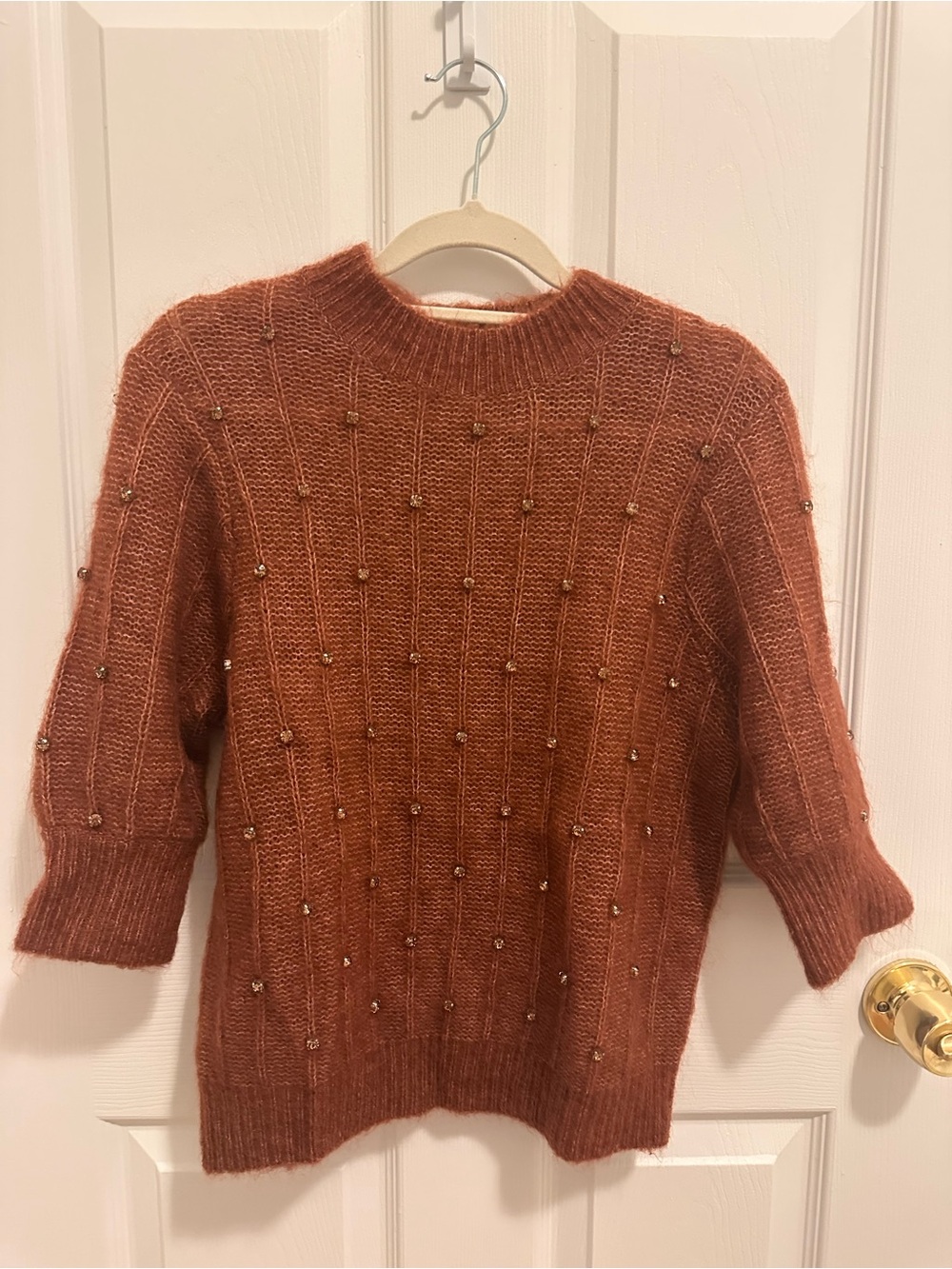 Sezane Beaded Ribbed Knit Sweater in Rust